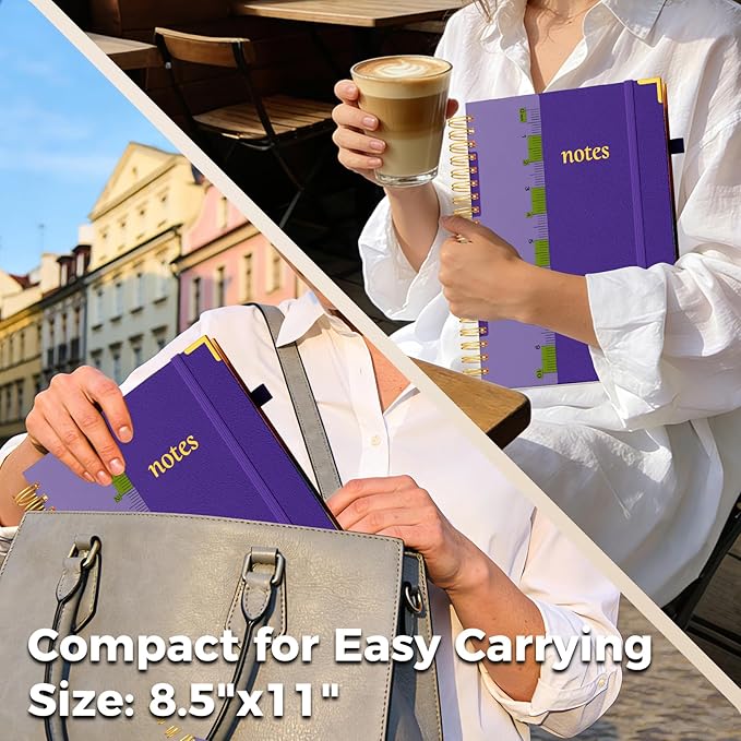 XYark A4 Hardcover Spiral Notebook, 8.5"x11" College Ruled Notebooks with Removable Dividers Tabs & Ruler, 5 Subject Notebook 300 Pages, Large Lined Journal for Women Men School Work Office, Purple
