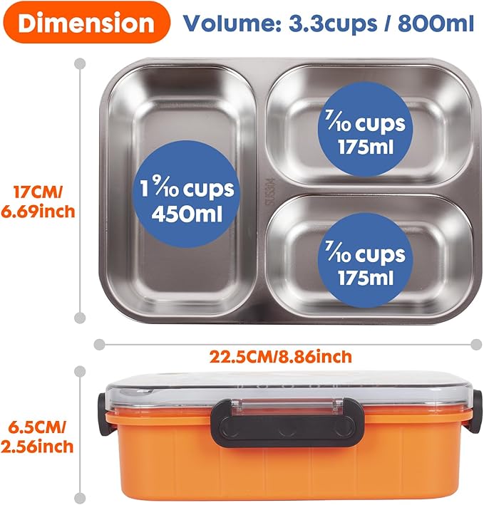 Stainless Steel Bento Lunch Box for Kids, 800ml/27oz BPA-Free Leak-Proof Food Containers with 3 Compartments, Freezer & Dishwasher Safe, Back to School Students Lunches Size for Ages 3-7