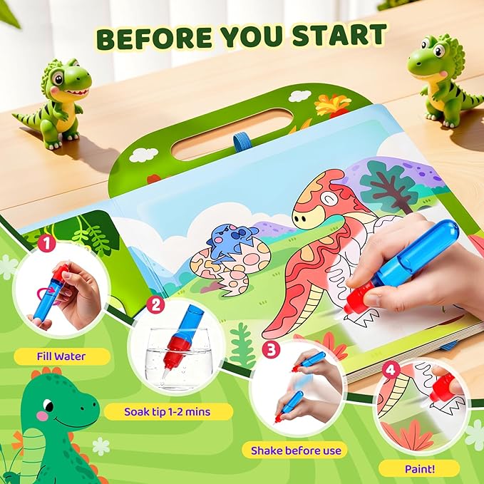 JoyCat Dinosaur Water Coloring Book for Toddlers 3-5, Reusable No-Mess Water Painting Book with Water Pen, 13 Activity Pages, Travel Toy Gift for Boys & Girls