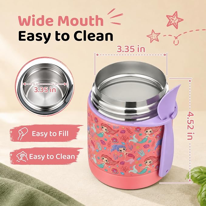 Pawtong 10oz Soup Thermo for Hot Food Kids Insulated Food Jar,Thermo Hot Food Lunch Container, Width Mouth Stainless Steel Lunch Box for Kids with Spoon (Pink-mermaid)