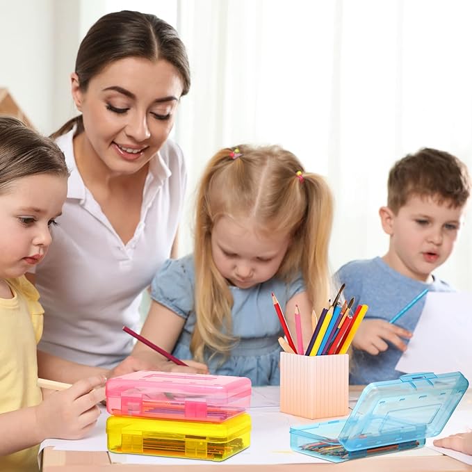 Leelosp 12 Pack Clear Pencil Boxes for School Bulk, Large Plastic Pencil Case with Lid, Stackable Hard Crayon Storage Box for Classroom Kids, Desk Drawer Organizer for Office Home(Pink Yellow Blue)
