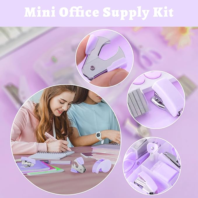 8 Pack Mini Office Supply Kits Mini School Supplies – Includes Mini Stapler, Scissors, Staple Remover, Puncher, Pencil Sharpener, Tape Dispenser (Purple)
