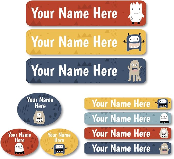 Lovable Labels Personalized Labels for Kids (85 Labels/Pack) - 3 Label Sizes Waterproof Dishwasher Safe Peel & Stick Labels for School Supplies Daycare Camp Clothing Bottles (Monster Scribbles)