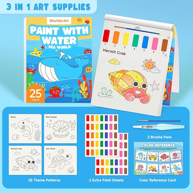 Shuttle Art Paint with Water Coloring Book for Kids, 25 Sea World Themed Pages with 2 Brushes, Mess-Free Watercolor Paint Set, Travel-Friendly Art Craft Gift for Toddlers, Birthday Christmas Gift