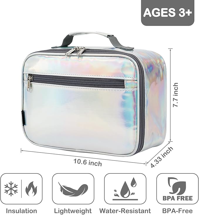 FlowFly Kids Lunch box Insulated Soft Bag Mini Cooler Back to School Thermal Meal Tote Kit for Girls, Boys, Silvery