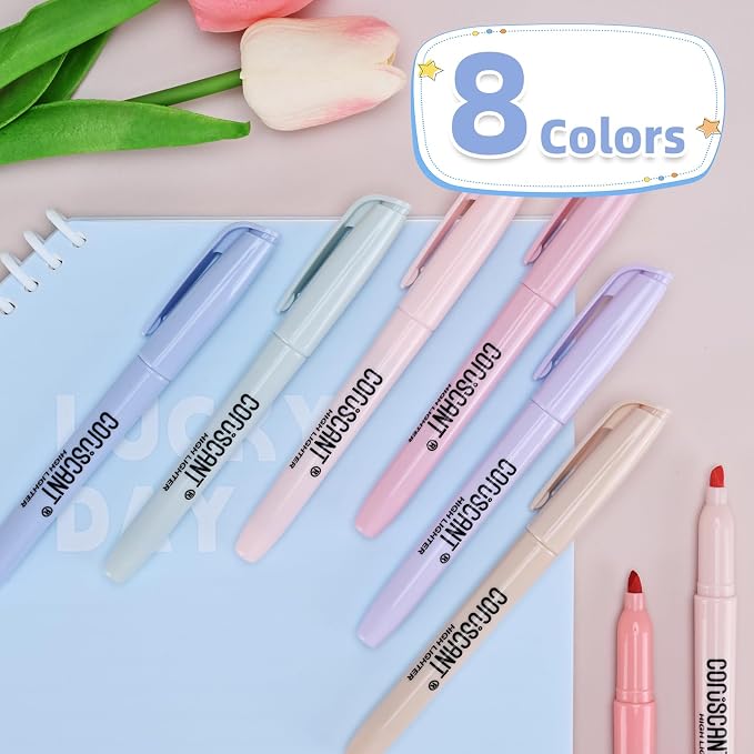 coruscant Pastel Highlighters Set, Assorted Colors Chisel Tip Cute Highlighters, Dry Quickly, for Journal Bible Study, School Office Supplies, 8 Pack