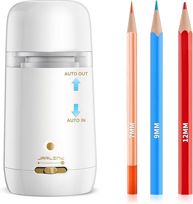 JARLINK Automatic Electric Pencil Sharpener - Hands-Free Operation, 3 Sharpness Modes, 3-Second Sharpening, Rechargeable & Portable for 7-12mm Pencils, Ideal for Classroom and Home Use (White)