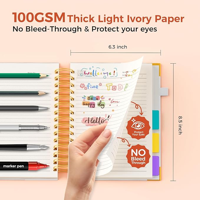 XYark A5 Hardcover Spiral Notebook, 6.3"x8.5" College Ruled Notebooks with Removable Dividers Tabs & Ruler, 5 Subject Notebook 300 Pages, Small Lined Journal for Women Men School Work Office, White