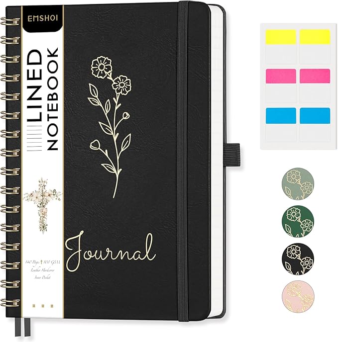 EMSHOI A5 College Ruled Spiral Notebook, 140 Numbered Pages, 100GSM Ink-Proof Faux Leather Hardcover Lay-Flat Lined Journal for Work Office School Writing, Small 5.7"x8.22", Black