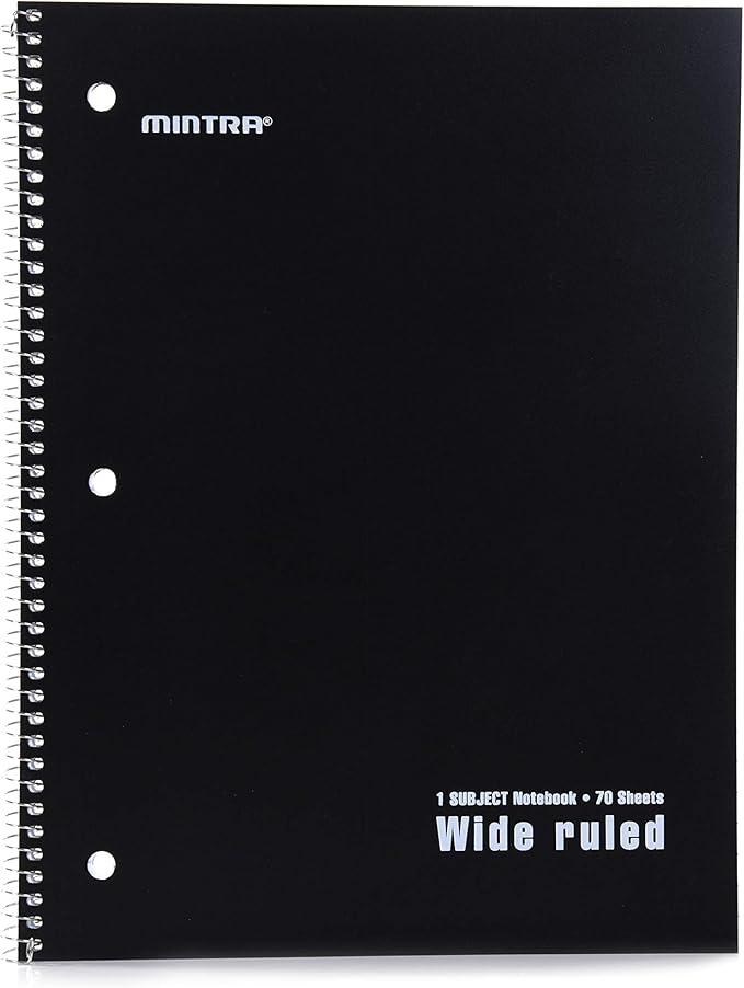 Mintra Office Spiral Notebooks Set - Primary Colors, Wide Ruled, Poly Waterproof Covers, Journals for School, Work, Business, Writing Pads, Teacher & Student Supplies, 70 Sheets Each, 6-Pack