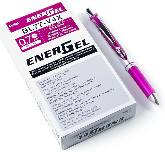 Pentel EnerGel RTX Retractable Liquid Gel Ink Pen, (0.7mm) Medium line, Magenta Ink, Box of 12 Pens (BL77-V4)