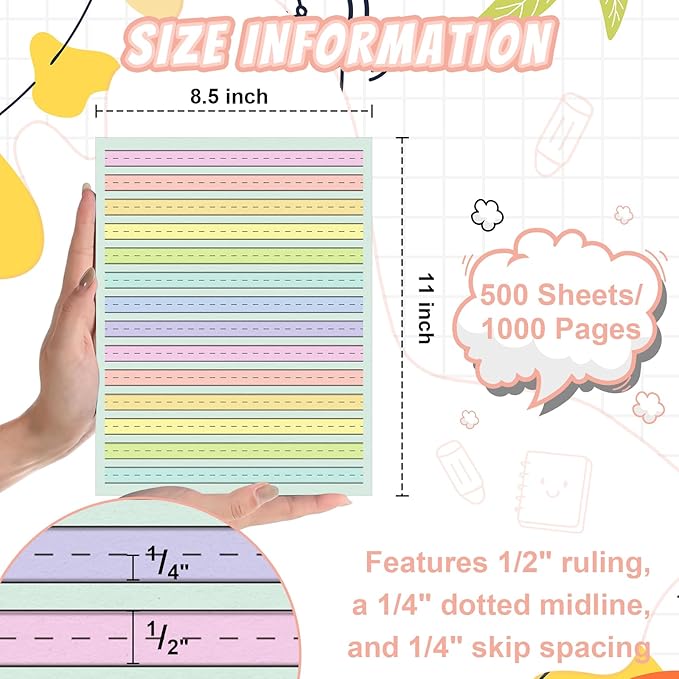 Handwriting Paper 8.5”x11” Colored Primary Writing Paper for Kids with ADHD 0.5” Spacing Multi-Sensory Ruled Handwriting Tablet Dysgraphia Pad for 2nd Grade and Up (500)