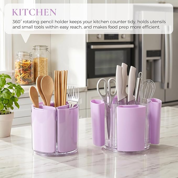 KONVINIT Purple Pen Holder for Desk, 5 Slots 360° Rotating Pen Organizer, Cute Desk Organizers and Accessories for School, Home, Office and Art Supply