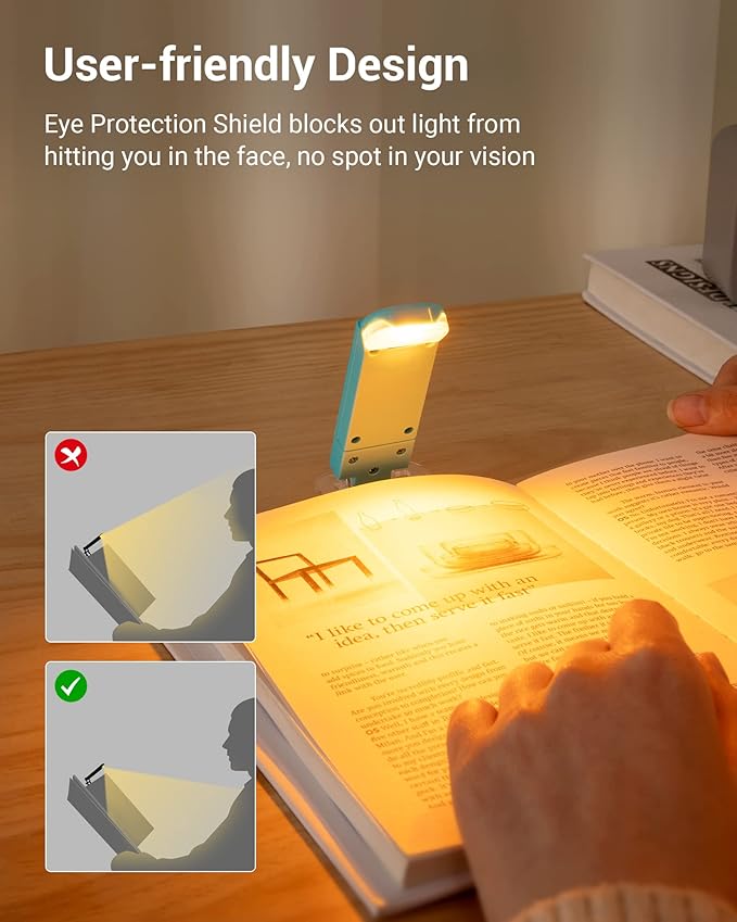 DEWENWILS USB Rechargeable Book Light, Amber Glow, Blue Light Blocking, Brightness Adjustable for Eye-Care, LED Clip on Book Reading Lights, Portable Bookmark Light for Kids (Blue)