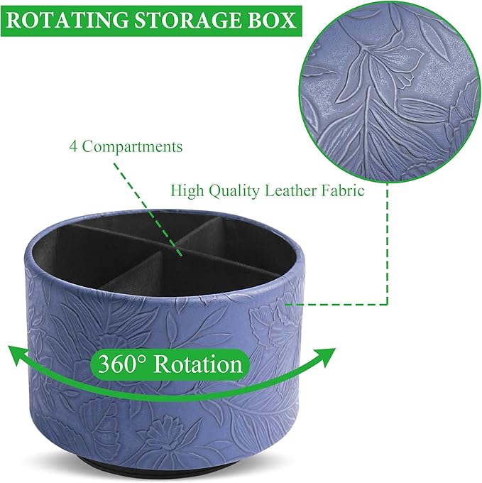 Round Leather Art Supply Organizer,Remote Control Holder,360 Degree Spinning,Multi-Functional Pencil Holder,4 Compartments Desktop Stationary Organizer(1-Carved Dark Blue)