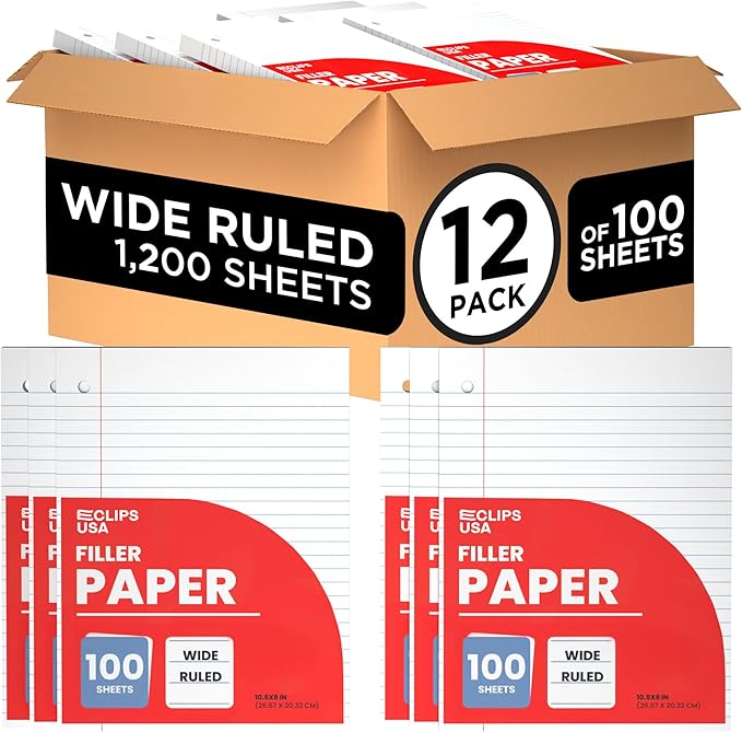 Wide Ruled Loose Leaf Paper Wide Ruled Notebook Paper Lined Writing Filler Paper 10.5” x 8” 56 gsm 1200 Sheets 100 Sheet Per Pack (12 Pack)