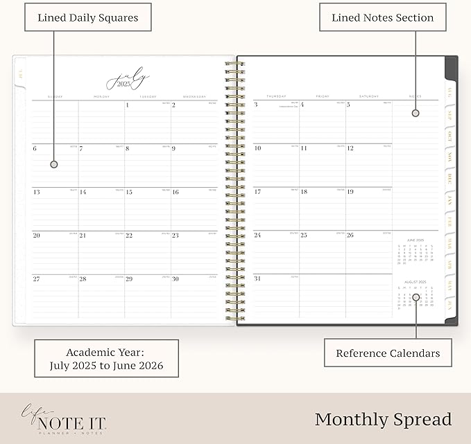 Blue Sky Life Note It 2025-2026 Academic Year Weekly and Monthly Planner, July 2025 - June 2026, 8.5” x 11”, Frosted Cover, Laminated Tabs, Wirebound, Storage Pocket, Hannah