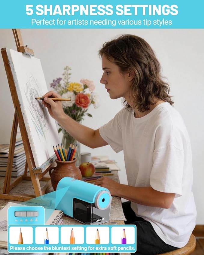 AFMAT Electric Pencil Sharpener, Fully Automatic Pencil Sharpener for 6.5-10.5mm No.2/Jumbo/Colored Pencils, Auto in & Out, 5 Sharpness Modes, 10000+ Sharpenings for Classroom Home Office, PSC5(120V)