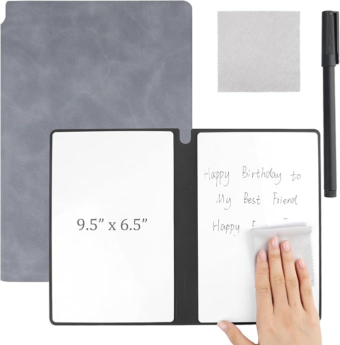 Reusable A5 Dry Erase Notebook Include a Wipeable Pen and Rag,9.4x6.5 Inch Erasable Notebook Whiteboard Notebook,Wipeable Notebook PU Hardcover for Office and Taking Notes(Grey)