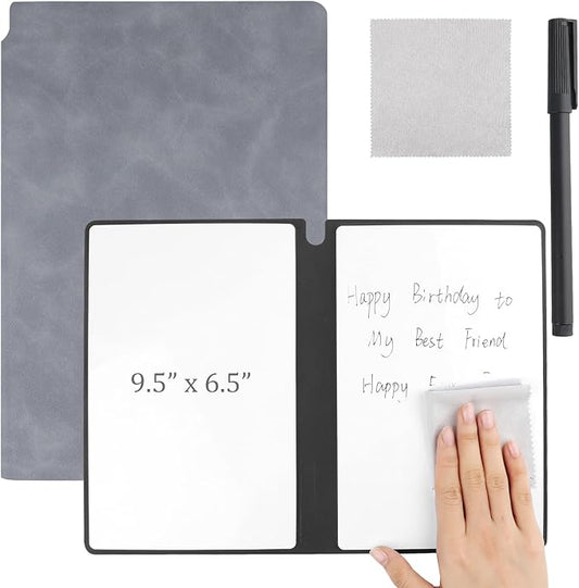 Reusable A5 Dry Erase Notebook Include a Wipeable Pen and Rag,9.4x6.5 Inch Erasable Notebook Whiteboard Notebook,Wipeable Notebook PU Hardcover for Office and Taking Notes(Grey)