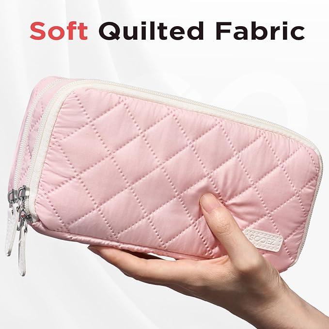 Sooez Large Pencil Case Pouch, Extra Big Pencil Bag with 8 Compartments, Pen Bag Wide Opening, Soft Quilted Pencil Pouch Organizer with Zipper, Portable Pencil Case for Teen Girls, Light Gray