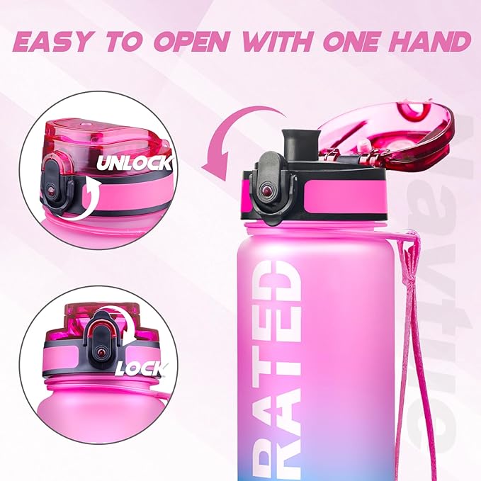 Water Bottle, 32 oz Sports Water Bottles with Time Marker Wide Mouth, Motivational and Leakproof Drink Bottle, BPA Free Tritan with Carry Strap for Gym Fitness Outdoor(1 Bottle)