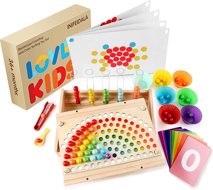INIFEIDALA Montessori Wooden Educational Toys for 3-6 Year Olds,Counting & Color Sorting Toys with Tweezer Tongs,Preschool Learning Activities,STEM Math Manipulatives to Develop Fine Motor Skills
