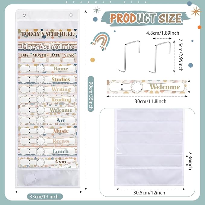 Daily Schedule Pocket Chart for Classroom Decor with 13+1 Pockets and 42 Designed Schedule Cards, Teacher Supplies for Preschool Classroom Home Office Back to School Decorations(Boho)