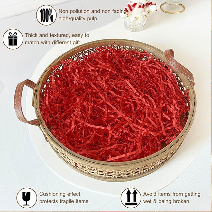 LYARCHTE Crinkle Paper Filler 5.2 oz, Crinkle Cut Paper Shred Filler Shredded TissueRaffia Grass Paper for Gift Basket Packing Bag Filler (Red)