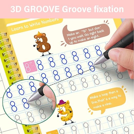 4 Pcs Reusable Grooved Handwriting Practice Books, Magic Practice Copybook with Disappearing Ink Pens Pencil Grips, Handwriting Workbook Letter Tracing Books for Kindergarten Preschool Kids Age 3-8