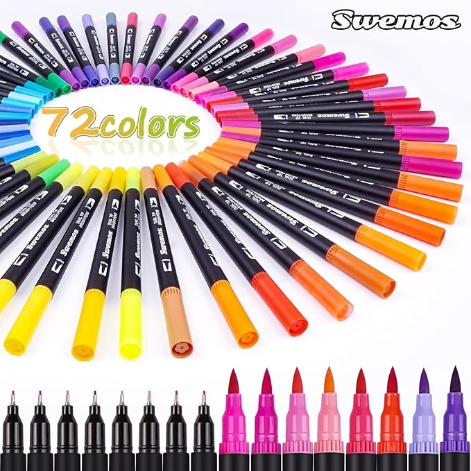 Swemos Markers for Adult Coloring Book, 72 Colors Art Markers Set Dual Tip Brush Pen, Coloring Markers Fine Point Artist Drawing Paintings Diaries Journaling Art projects Art Supplies with Case