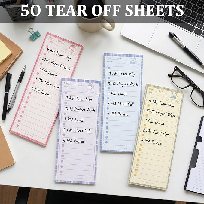 4 Pack Long Narrow Notepads - Memo Pads for Notes | 50 Sheets Each, No-Adhesive Sticky Notes Alternative for Daily Planning & Lists (Bear & Bunny, Lined)