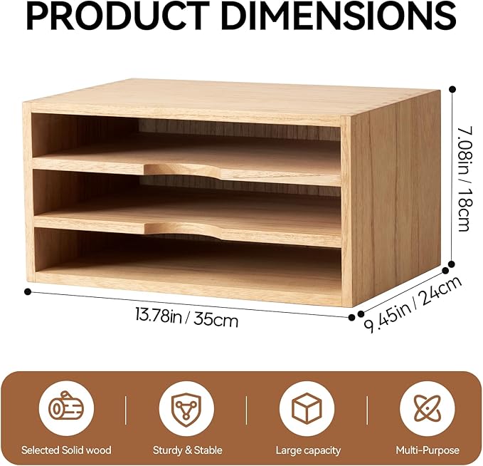 KIRIGEN Wooden Desktop Organizer, 3 Tier Solid Wood Letter Tray and Paper File Sorter for Desk, Freestanding Office Document Holder for Mail, Magazines, Folders, Natural 3KWJG-NA