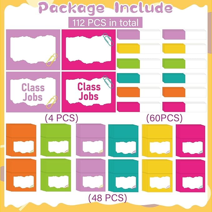 QOUBAI 112 Pcs Colorful Class Jobs Bulletin Board Set Rainbow Classroom Jobs Pocket Chart Bulk Boho Class Management Educational Chart Teacher's Helper Posters Classroom Decorations School Supplies