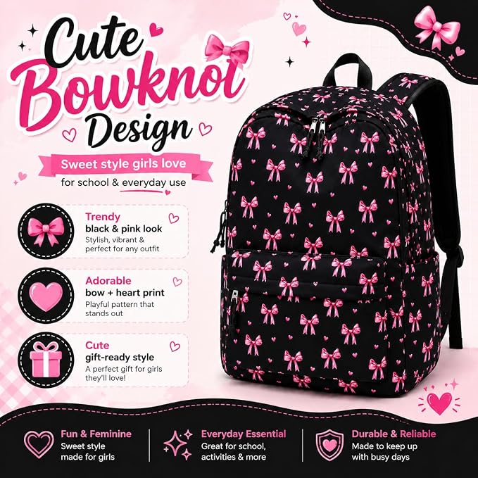 LOIDOU Backpack for Girls School Backpacks Bookbags for Elementary Middle School Women Laptop Backpacks (Bow Tie Black, L-17)