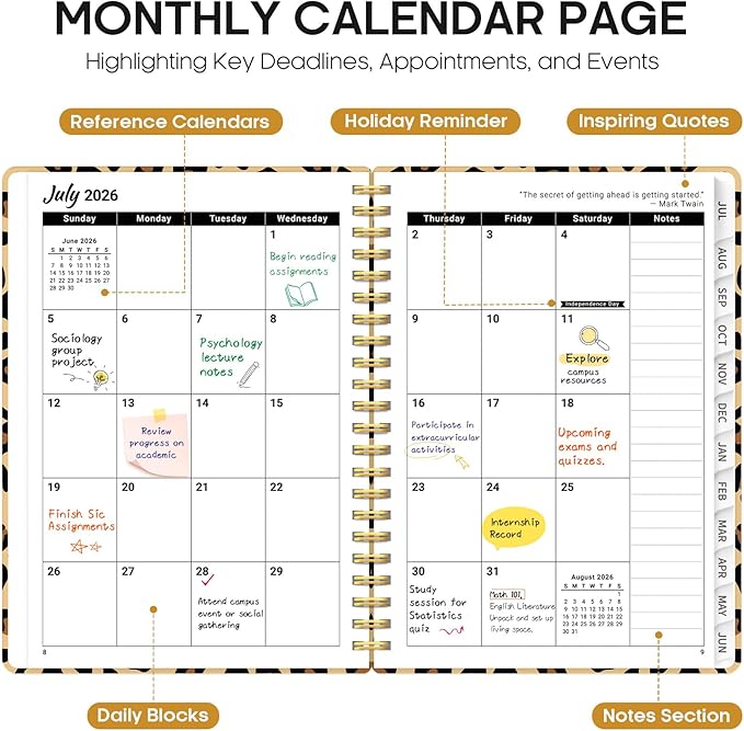Planner 2026-2027, Academic Year Monthly and Weekly Calendar Planner, Jul 2026 - Jun 2027, Hardcover Teacher Student Planning Agenda book with Tabs, Perfect for School Office Supplies, 8.5" x 11" - Leopard