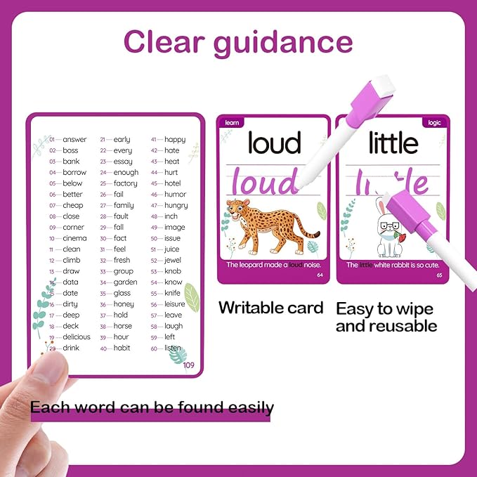 WJPC 55 Cards, 106PCS High Frequency Sight Words Flash Cards (Second-Grade), 1st, 2nd, 3rd Grade, 7,8,910,11 Years Ages Kids Boys Girls for Reading, Write, Association, Sentence Making
