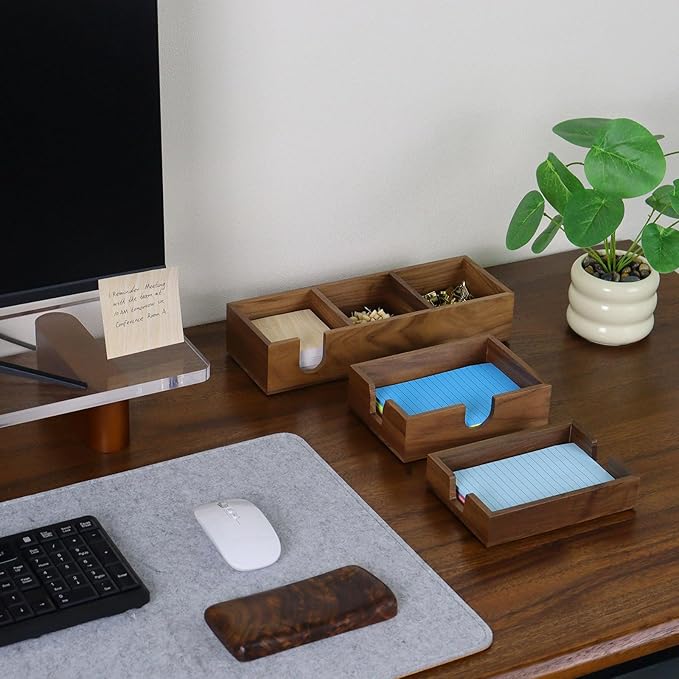 MultiBey 3 in1 Walnut Wooden Sticky Note Holder, 12" x 4.3" x 2.4" Self-Stick Note Pads Holder Memo Pad Dispenser, Wood Post it Note Dispenser Desk Organizer for Office Home School