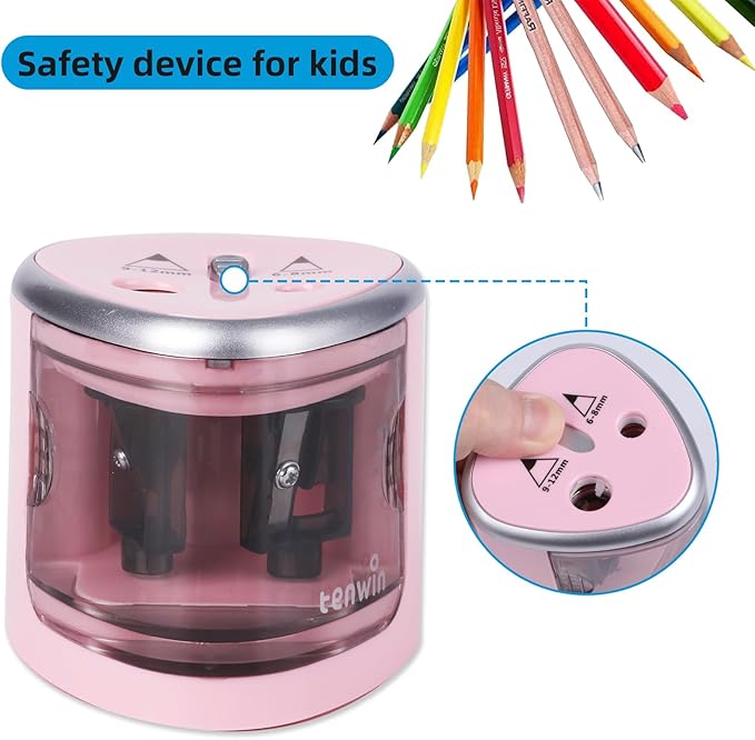 tenwin Electric Pencil Sharpener for Colored Pencils, Battery Operated Pencil Sharpeners for No.2 and 6-12mm Pencils, Dual Hole for Office School Artists Adults Kids Use（Pink）