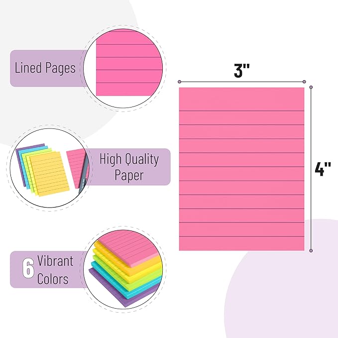 Mr. Pen- Lined Sticky Notes, 3" x 4", 6 Pads, 60 Sheets/Pad, Vibrant Color, Sticky Notes with Lines, Ruled Post Stickies, Memo Pads, Self-Stick Note Pad for Office, School, Home, Study