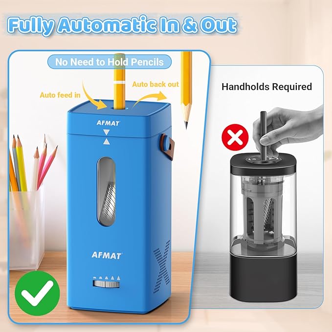 AFMAT Electric Pencil Sharpener, Fully Automatic Pencil Sharpener, Auto in & Out, Rechargeable Hands-Free Sharpeners for Jumbo & Colored Pencils (6.5-12mm), Portable for Home/Classroom/Office PSC6