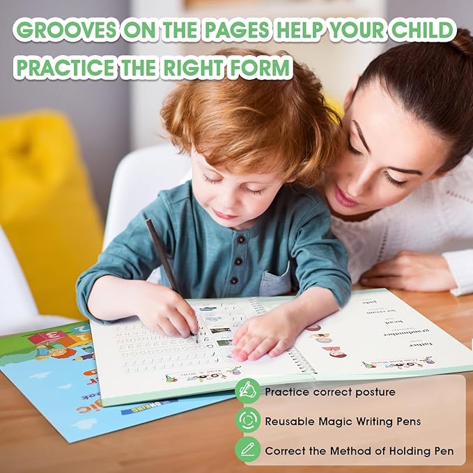 Large Handwriting Magic Grooved Practice Copybook Set: 5-Pack with Wooden Alphabet Tracing Board, Reusable Letter Learning Kit for Kid Age 3-8, Ideal for Kindergarten and Preschool Calligraphy Control