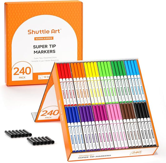 Shuttle Art 240 Pack Washable Super Tips Markers, 12 Assorted Colors Conical Tip Large Markers Bulk with a Box, Bonus Caps, Home Classroom School Supplies for Toddlers Kids Adults Students Teachers