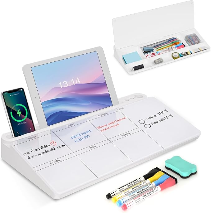 Desktop Glass Whiteboard with Storage, Weekly Calendar Desk Dry Erase White Board, Desk Organizers and Accessories, Weekly Planner Board for Planning, Memo, Note, Office, Home, College, School - White