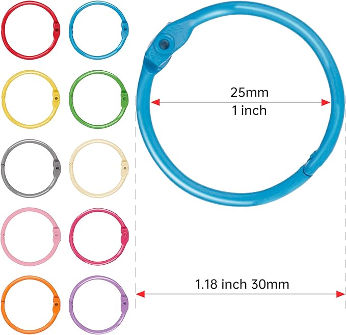 AKONEGE 1 1/5 Inch Colorful Loose Leaf Binder Rings (100 Pack) Metal Office Book Rings Paper Rings for Index Cards Flashcards Notebook, Keychain Key Rings Binder Rings for Office School Home, 10Colors