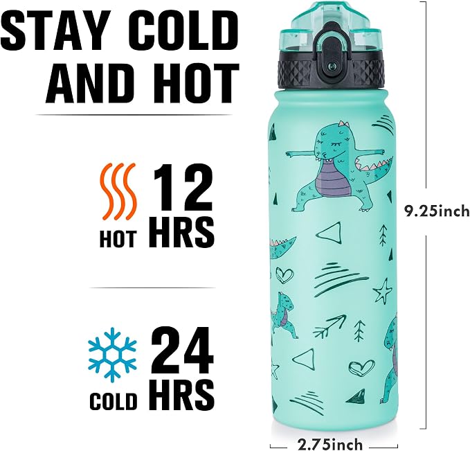 Oldley Insulated Water Bottle 20oz Water Bottles with Straw, Stainless Steel Water Bottle with 3 Lids, Double Wall Vacuum Bottles for Adult Kids, Sports Bottles for School Travel, Cute Dinosaur