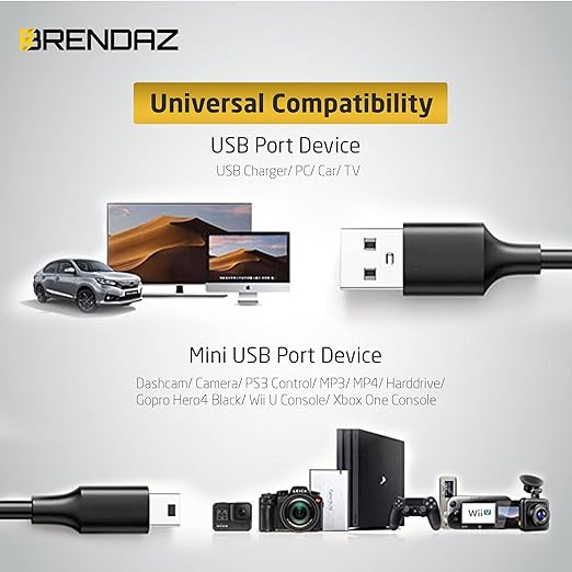 BRENDAZ Mini USB Cable (2 Pack) Durable USB Mini to USB Charging Cord & Data Transfer Compatible with GoPro HERO4 Hero 3+, Garmin GPS, TI-84 Plus, TI84 Calculator, Dash Cam, Camera, Mic's (3-Feet)