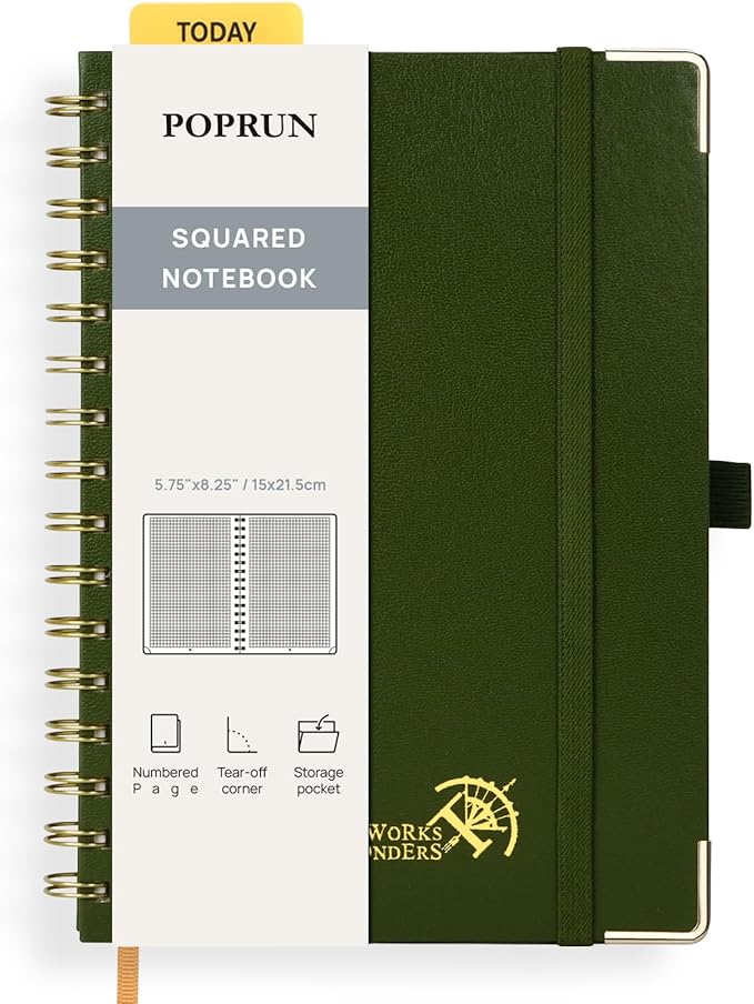 POPRUN Graph Spiral Journal Notebook - A5, 141 Pages Grid Notebooks for Women Men, 120 GSM Hardcover Graphing Journals for Work, School, Engineering & Graphing, 5.75'' x 8.25'', Olive