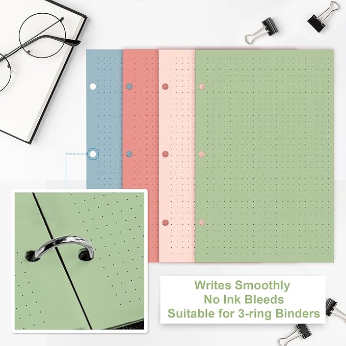 100 Sheets Half Letter 3 Hole Notebook Dot Grid Paper 5-1/2 x 8-1/2 Loose Leaf Paper for Mini Binder Colored Dotted Graph Paper Bulk Dotted Paper Refills for Planner Inserts for School Office