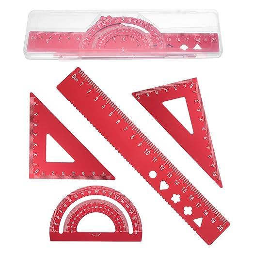 PATIKIL 4 Pcs Geometry Drafting Tool, Aluminum Alloy Geometry Kit Math Tool Includes 20cm L Ruler Protractor Triangles for Drafting Angle Measure Simple Science Experiment, Red